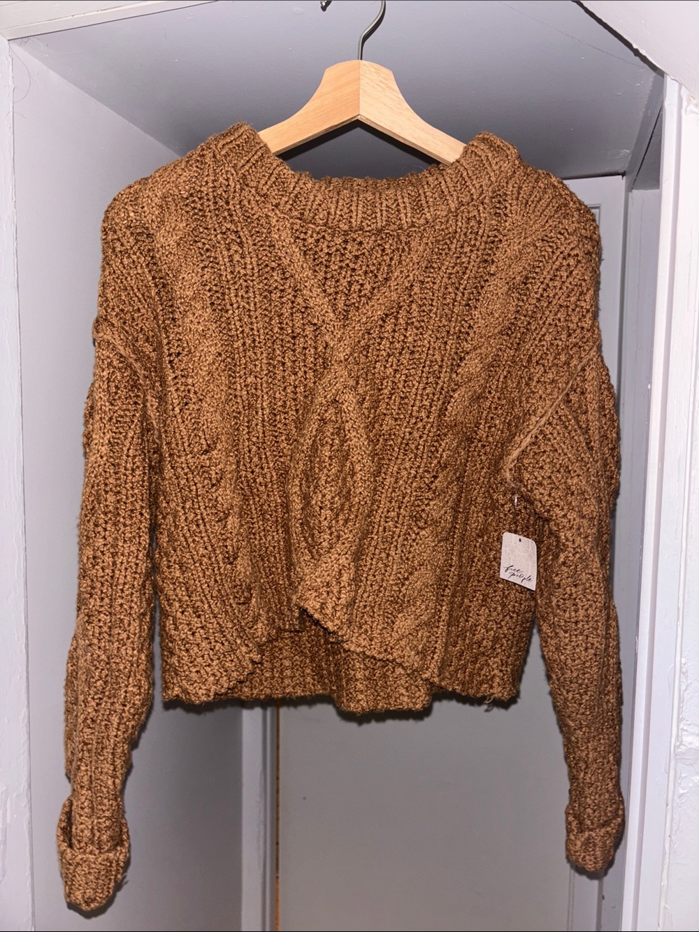 Free People Cable Knit Cropped Crew Sweater - Caramel Brown